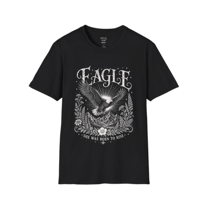 Ramro Yoga Wear Eagle tee in Black — eagle in flight sun rays botanical vintage design, flat lay product shot