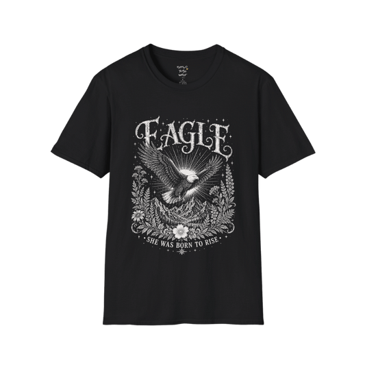 Ramro Yoga Wear Eagle tee in Black — eagle in flight sun rays botanical vintage design, flat lay product shot