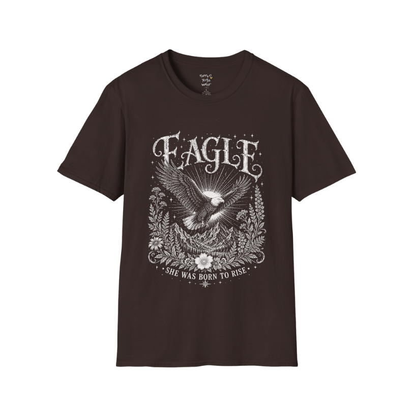 Ramro Yoga Wear Eagle tee in Dark Chocolate — eagle in flight sun rays botanical vintage design, flat lay product shot