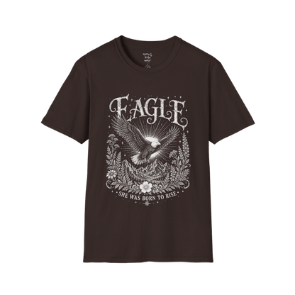 Ramro Yoga Wear Eagle tee in Dark Chocolate — eagle in flight sun rays botanical vintage design, flat lay product shot
