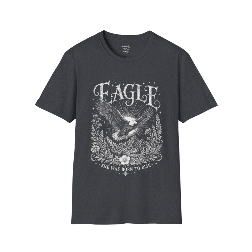 Ramro Yoga Wear Eagle tee in Dark Heather Grey — eagle in flight sun rays botanical vintage design, flat lay product shot