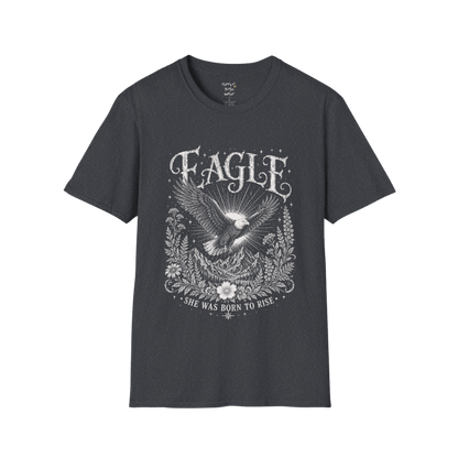 Ramro Yoga Wear Eagle tee in Dark Heather Grey — eagle in flight sun rays botanical vintage design, flat lay product shot