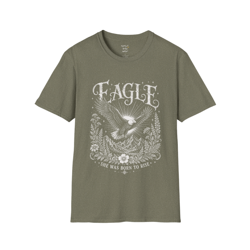  Ramro Yoga Wear Eagle tee in Heather Military Green — eagle in flight sun rays botanical vintage design, flat lay product shot