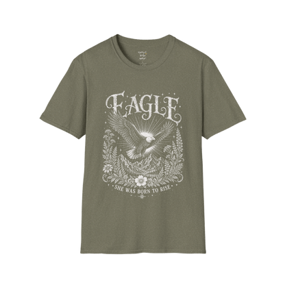  Ramro Yoga Wear Eagle tee in Heather Military Green — eagle in flight sun rays botanical vintage design, flat lay product shot