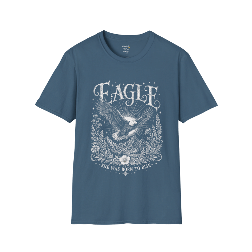 Ramro Yoga Wear Eagle tee in Indigo Blue — eagle in flight sun rays botanical vintage design, flat lay product shot