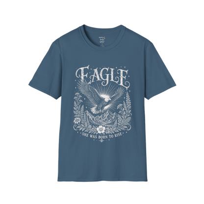Ramro Yoga Wear Eagle tee in Indigo Blue — eagle in flight sun rays botanical vintage design, flat lay product shot