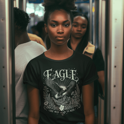 Ramro Yoga Wear Eagle tee in Black — eagle in flight sun rays botanical vintage design, urban subway lifestyle shot