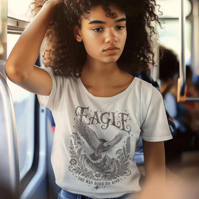 Ramro Yoga Wear Eagle tee in White — she was born to rise eagle design, urban subway lifestyle shot