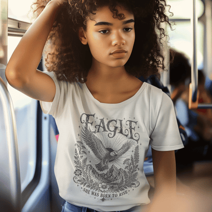 Ramro Yoga Wear Eagle tee in White — she was born to rise eagle design, urban subway lifestyle shot