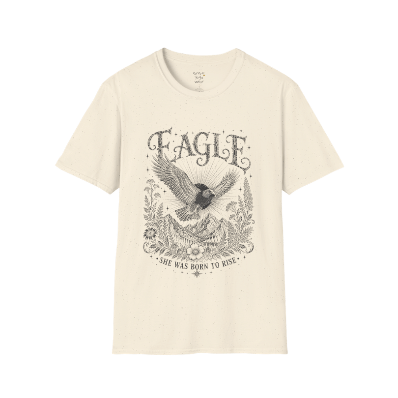 Ramro Yoga Wear Eagle tee in Natural — eagle in flight sun rays botanical vintage design, flat lay product shot