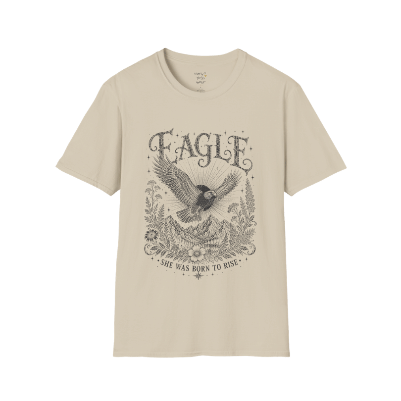Ramro Yoga Wear Eagle tee in Sand — eagle in flight sun rays botanical vintage design, flat lay product shot