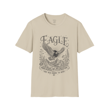 Ramro Yoga Wear Eagle tee in Sand — eagle in flight sun rays botanical vintage design, flat lay product shot