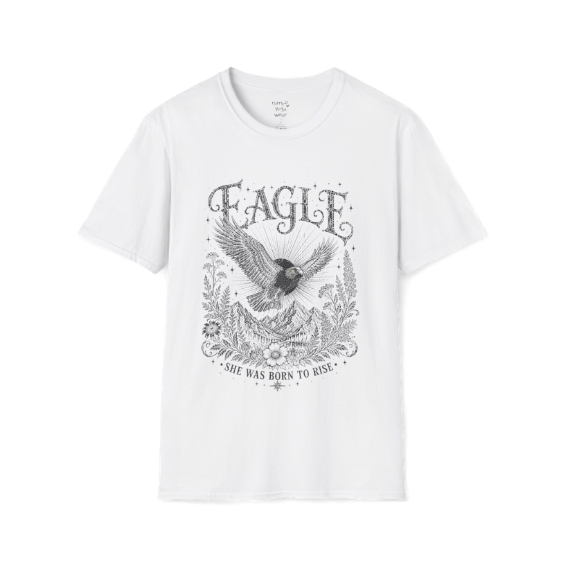 Ramro Yoga Wear Eagle tee in White — eagle in flight sun rays botanical vintage design, flat lay product shot
