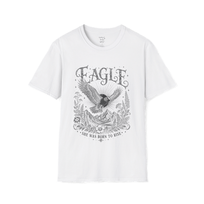 Ramro Yoga Wear Eagle tee in White — eagle in flight sun rays botanical vintage design, flat lay product shot
