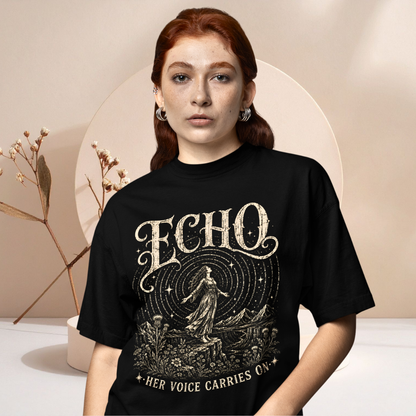 Person wearing Echo T-Shirt in black. A sacred yoga shirt modelled  — Wild Devotion collection by Ramro Yoga Wear