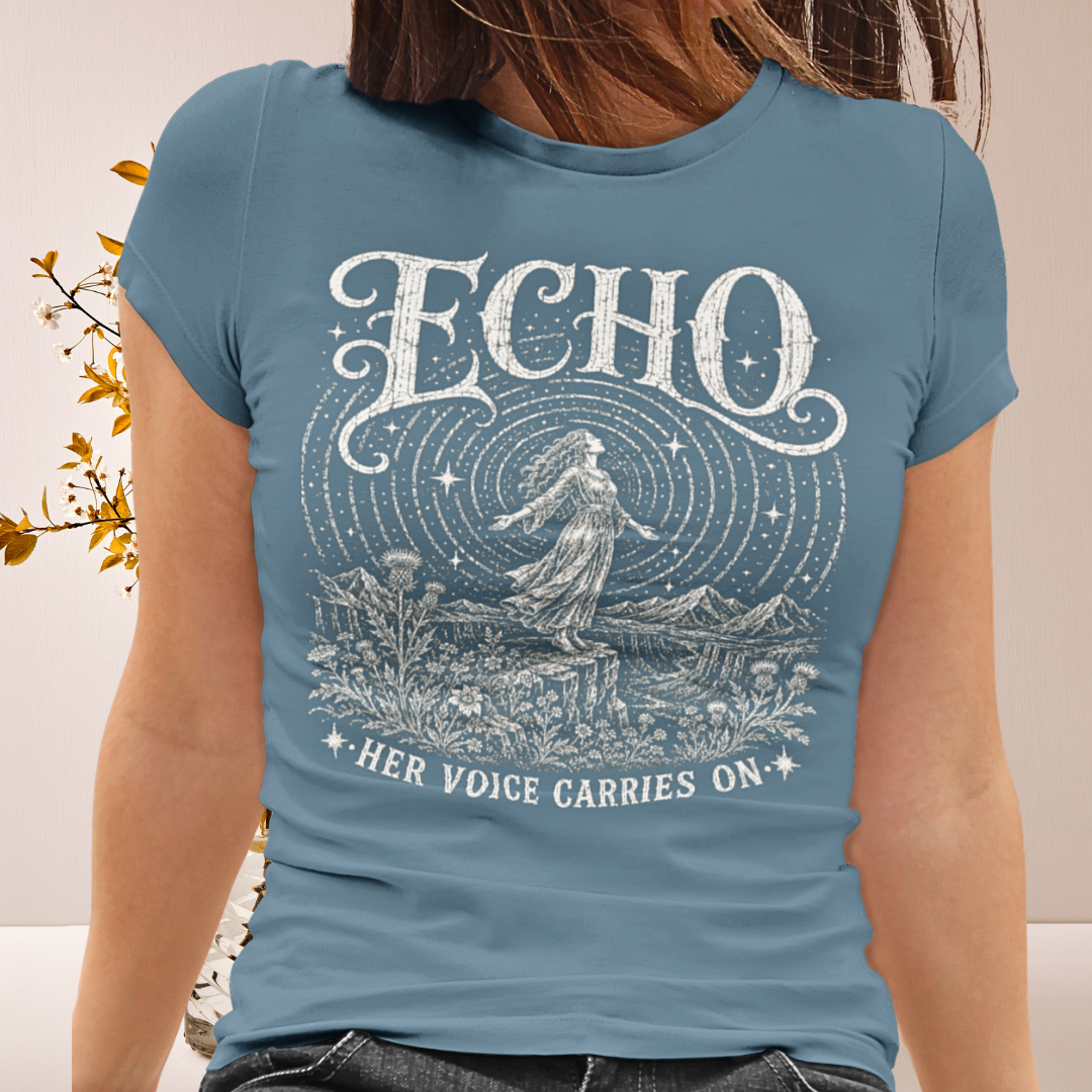 Person wearing Echo T-Shirt in stone blue. A sacred yoga shirt modelled  — Wild Devotion collection by Ramro Yoga Wear