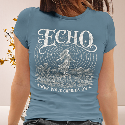 Person wearing Echo T-Shirt in stone blue. A sacred yoga shirt modelled  — Wild Devotion collection by Ramro Yoga Wear