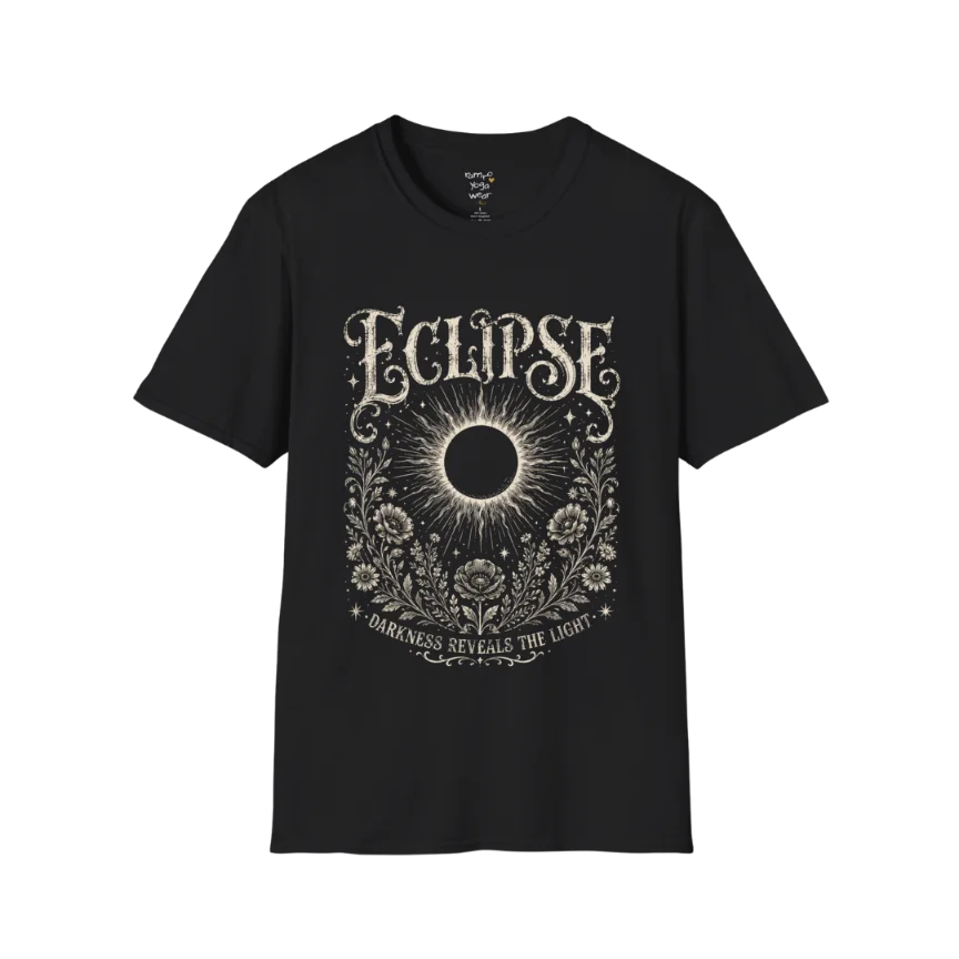 Black Eclipse T-Shirt featuring a mystical celestial eclipse illustration with vintage etched detailing and spiritual botanical artwork in a distressed cream print.