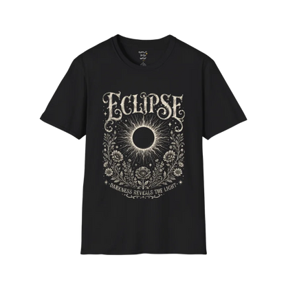 Black Eclipse T-Shirt featuring a mystical celestial eclipse illustration with vintage etched detailing and spiritual botanical artwork in a distressed cream print.