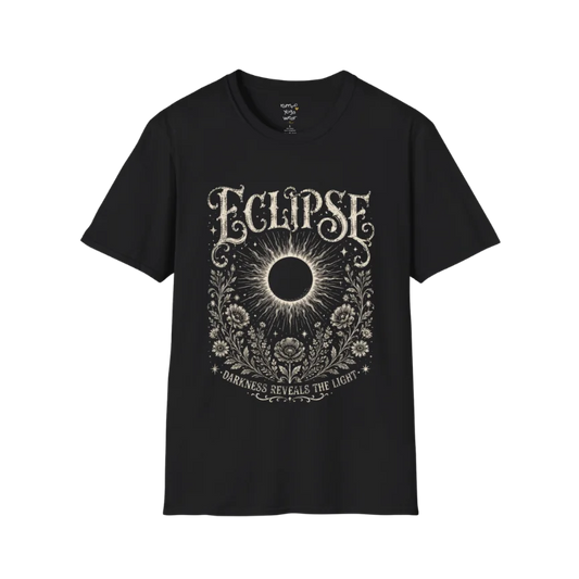 Black Eclipse T-Shirt featuring a mystical celestial eclipse illustration with vintage etched detailing and spiritual botanical artwork in a distressed cream print.