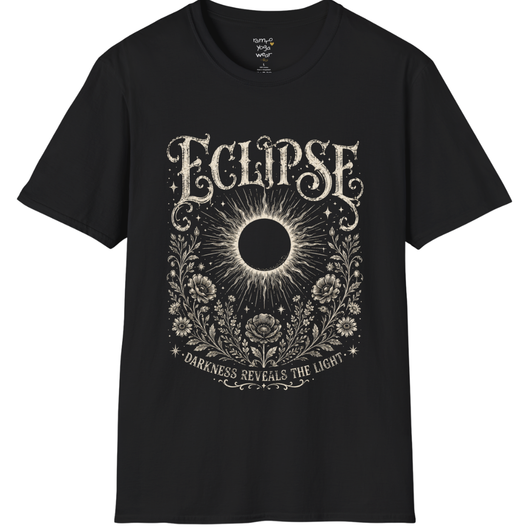 Black Eclipse T-Shirt featuring a mystical celestial eclipse illustration with vintage etched detailing and spiritual botanical artwork in a distressed cream print.