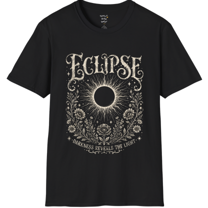 Black Eclipse T-Shirt featuring a mystical celestial eclipse illustration with vintage etched detailing and spiritual botanical artwork in a distressed cream print.