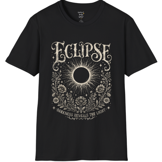 Black Eclipse T-Shirt featuring a mystical celestial eclipse illustration with vintage etched detailing and spiritual botanical artwork in a distressed cream print.