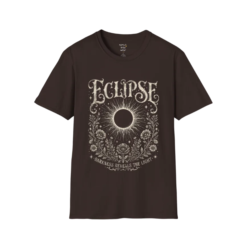 Dark Chocolate Eclipse T-Shirt with celestial eclipse artwork, moon-inspired mystical detailing, and vintage engraved graphics for a soulful bohemian aesthetic.