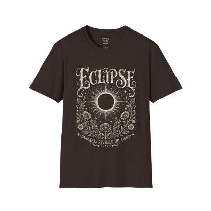 Dark Chocolate Eclipse T-Shirt with celestial eclipse artwork, moon-inspired mystical detailing, and vintage engraved graphics for a soulful bohemian aesthetic.