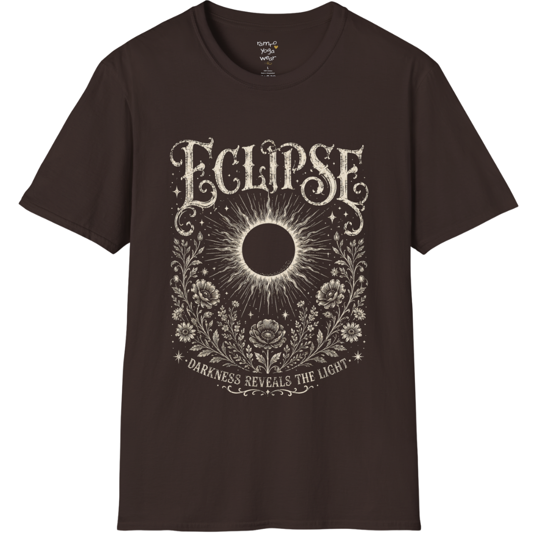 Dark Chocolate Eclipse T-Shirt with celestial eclipse artwork, moon-inspired mystical detailing, and vintage engraved graphics for a soulful bohemian aesthetic.