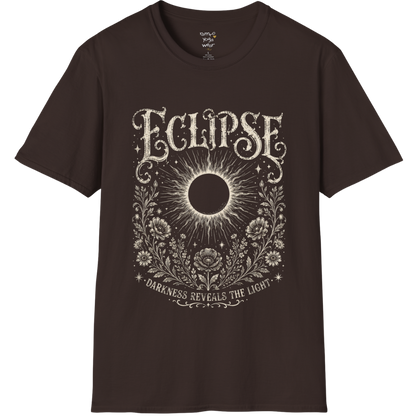 Dark Chocolate Eclipse T-Shirt with celestial eclipse artwork, moon-inspired mystical detailing, and vintage engraved graphics for a soulful bohemian aesthetic.