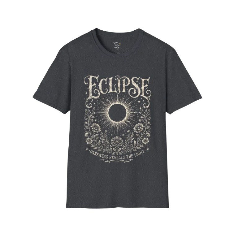 Dark Heather Grey Eclipse T-Shirt showcasing an ornate eclipse symbol surrounded by celestial botanical artwork in a soft distressed vintage-style print.