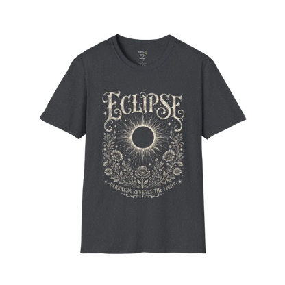 Dark Heather Grey Eclipse T-Shirt showcasing an ornate eclipse symbol surrounded by celestial botanical artwork in a soft distressed vintage-style print.