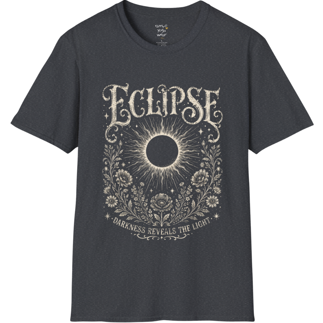 Dark Heather Grey Eclipse T-Shirt showcasing an ornate eclipse symbol surrounded by celestial botanical artwork in a soft distressed vintage-style print.