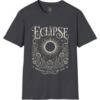 Dark Heather Grey Eclipse T-Shirt showcasing an ornate eclipse symbol surrounded by celestial botanical artwork in a soft distressed vintage-style print.