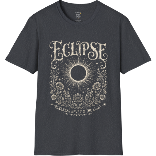 Dark Heather Grey Eclipse T-Shirt showcasing an ornate eclipse symbol surrounded by celestial botanical artwork in a soft distressed vintage-style print.