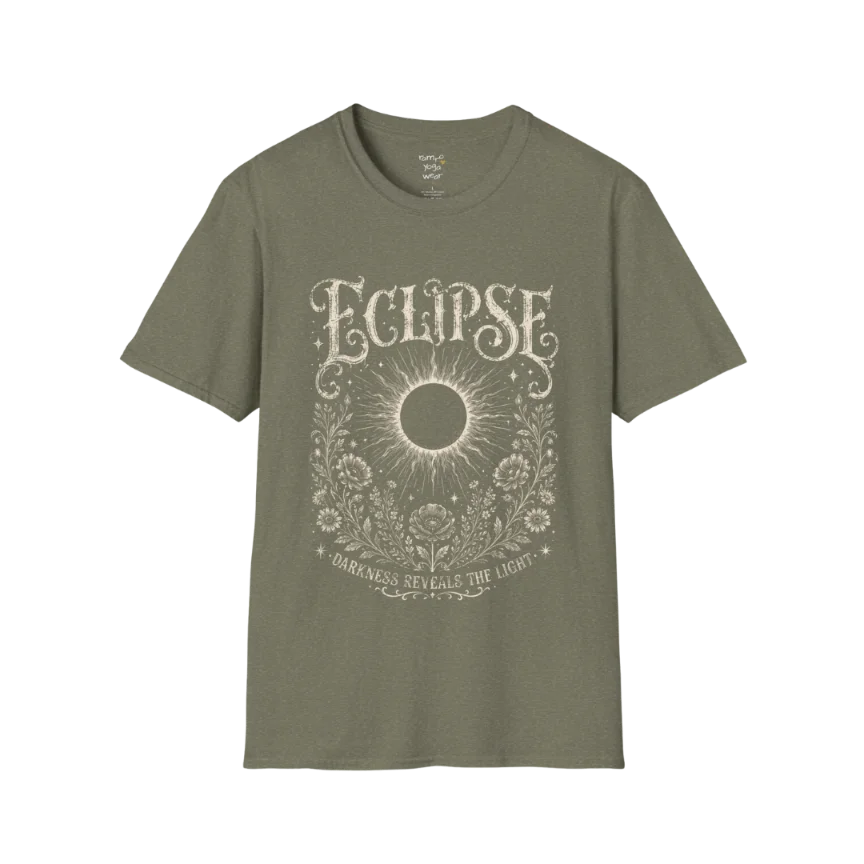 Heather Military Green Eclipse T-Shirt featuring mystical eclipse artwork with celestial symbols, detailed botanical accents, and a vintage spiritual aesthetic.