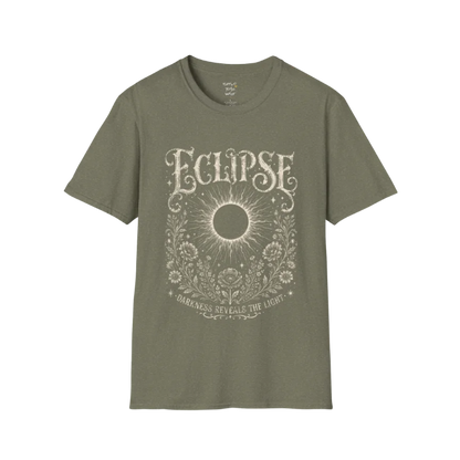 Heather Military Green Eclipse T-Shirt featuring mystical eclipse artwork with celestial symbols, detailed botanical accents, and a vintage spiritual aesthetic.