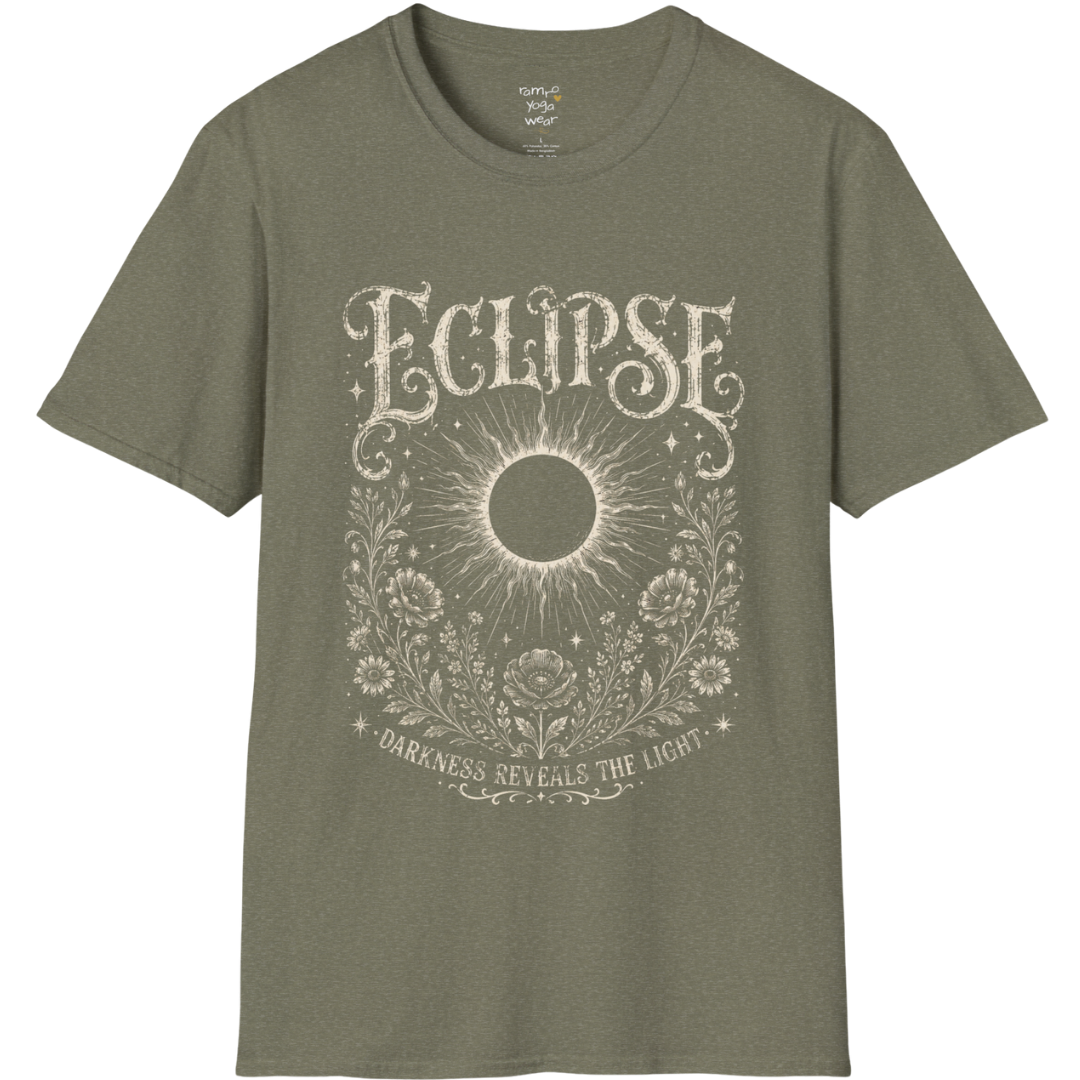 Heather Military Green Eclipse T-Shirt featuring mystical eclipse artwork with celestial symbols, detailed botanical accents, and a vintage spiritual aesthetic.