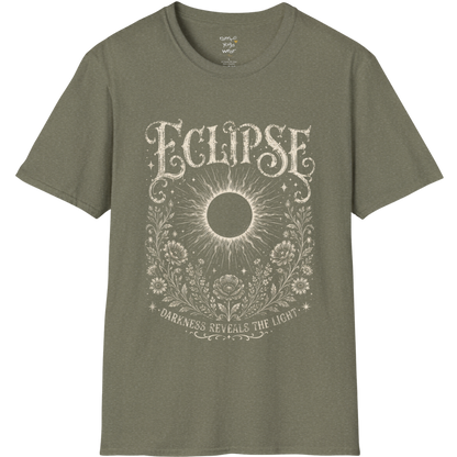 Heather Military Green Eclipse T-Shirt featuring mystical eclipse artwork with celestial symbols, detailed botanical accents, and a vintage spiritual aesthetic.