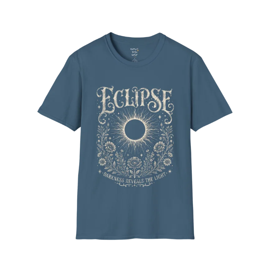 Indigo Blue Eclipse T-Shirt with a celestial eclipse illustration, mystical engraved artwork, and vintage-inspired spiritual detailing in a distressed cream print.