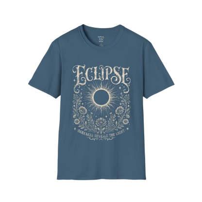 Indigo Blue Eclipse T-Shirt with a celestial eclipse illustration, mystical engraved artwork, and vintage-inspired spiritual detailing in a distressed cream print.