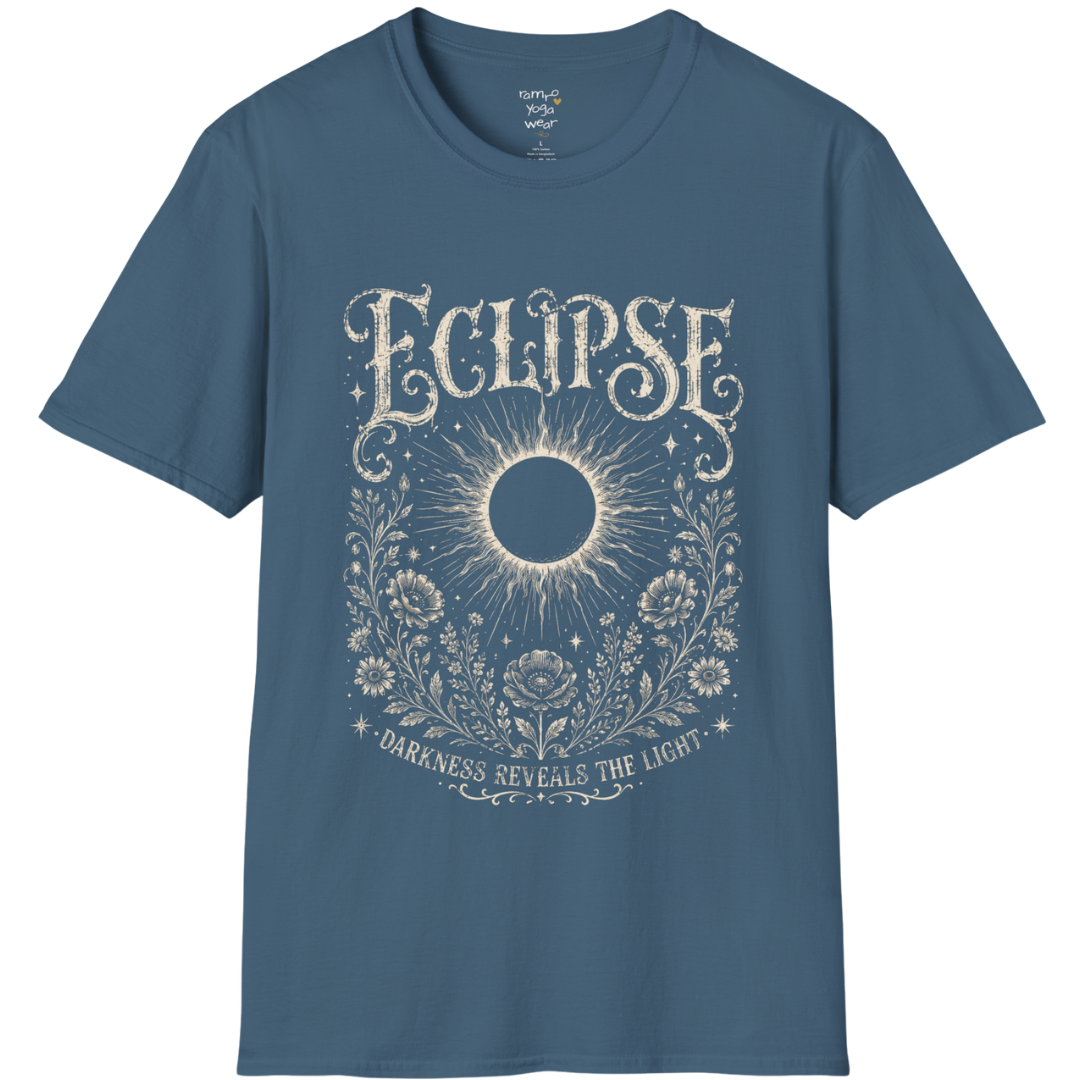 Indigo Blue Eclipse T-Shirt with a celestial eclipse illustration, mystical engraved artwork, and vintage-inspired spiritual detailing in a distressed cream print.