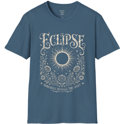 Indigo Blue Eclipse T-Shirt with a celestial eclipse illustration, mystical engraved artwork, and vintage-inspired spiritual detailing in a distressed cream print.
