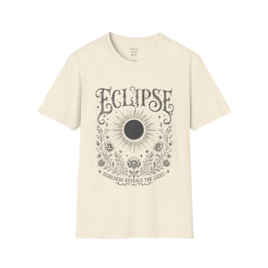 Natural Eclipse T-Shirt featuring a dark eclipse centre surrounded by celestial botanical artwork and vintage mystical engraving-inspired linework.