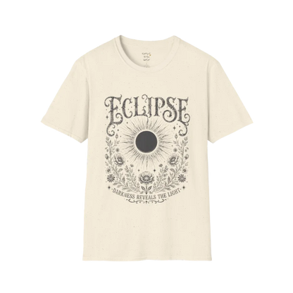 Natural Eclipse T-Shirt featuring a dark eclipse centre surrounded by celestial botanical artwork and vintage mystical engraving-inspired linework.