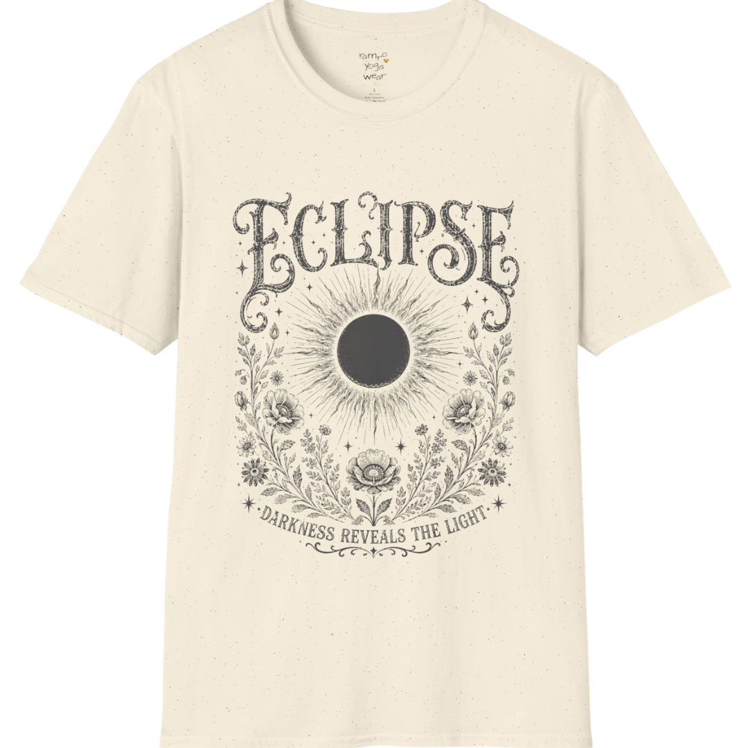 Natural Eclipse T-Shirt featuring a dark eclipse center surrounded by celestial botanical artwork and vintage mystical engraving-inspired 
