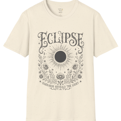Natural Eclipse T-Shirt featuring a dark eclipse center surrounded by celestial botanical artwork and vintage mystical engraving-inspired 