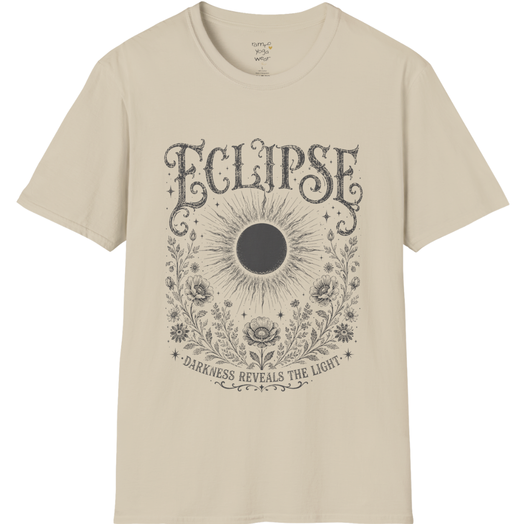 Sand Eclipse T-Shirt with celestial eclipse artwork, distressed vintage detailing, and mystical spiritual graphics inspired by moon rituals and mindful living.