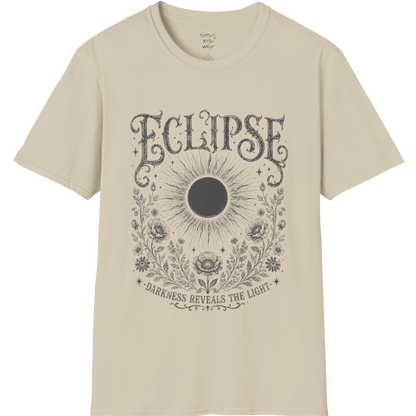 Sand Eclipse T-Shirt with celestial eclipse artwork, distressed vintage detailing, and mystical spiritual graphics inspired by moon rituals and mindful living.